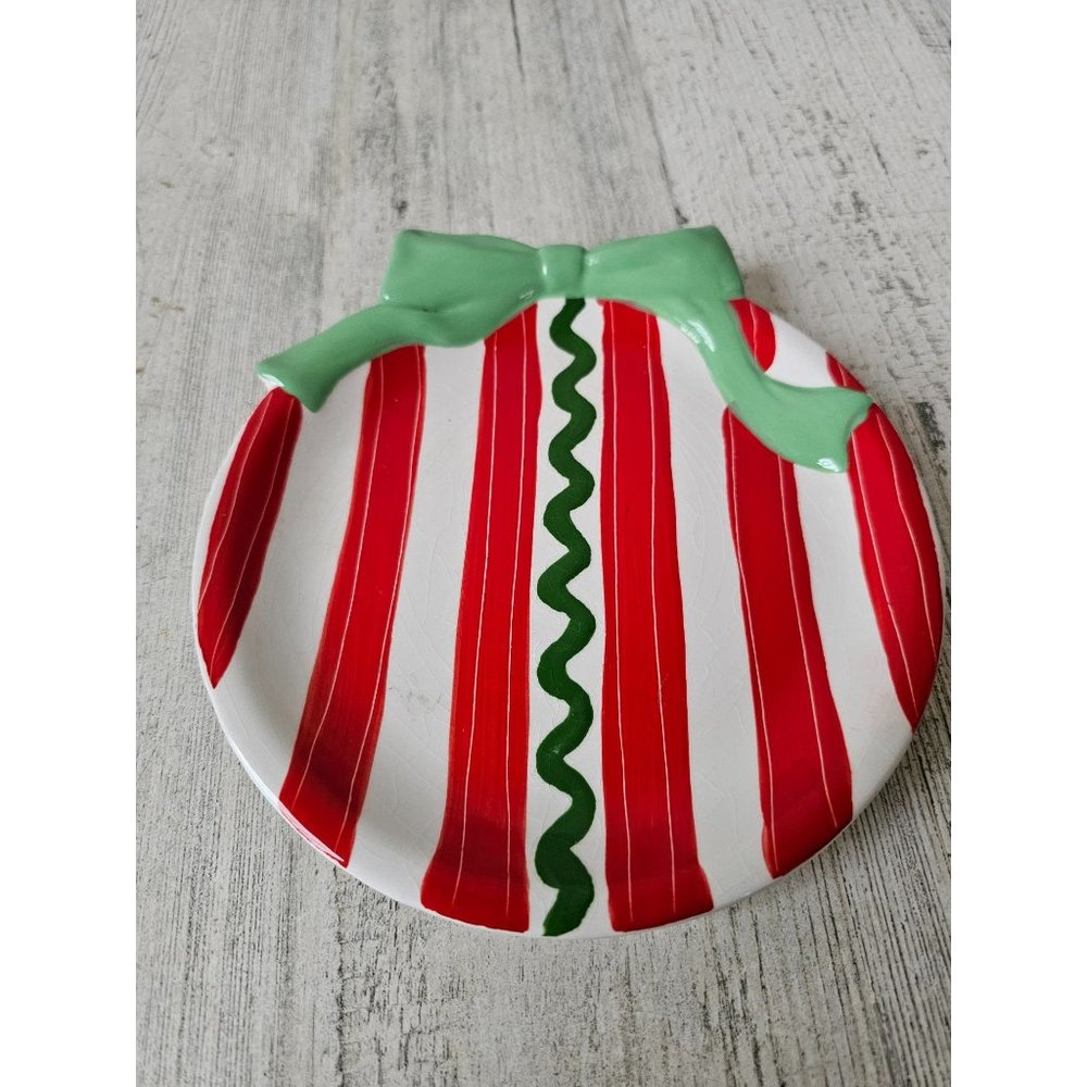 Raz Carol King ornament plate mini Paula buttel Xmas decor unique striped red